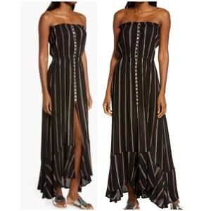 ELAN Strapless Striped Black Maxi Cover-Up Summer Dress High Front Slit Size M